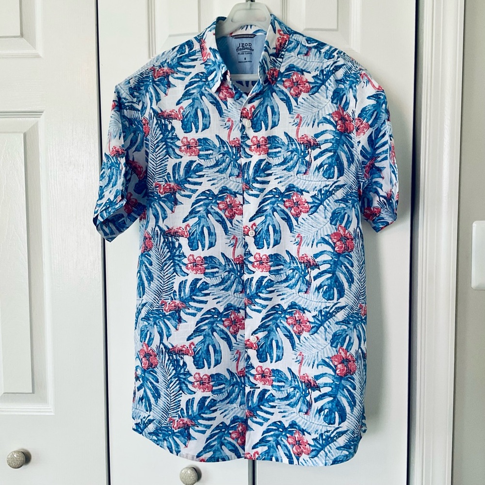 Men's Izod Saltwater Short Sleeve Hawaiian Print Shirt- Flamingos Size Small